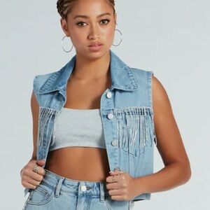 Windsor County Glamour Rhinestone Fringe Denim Vest